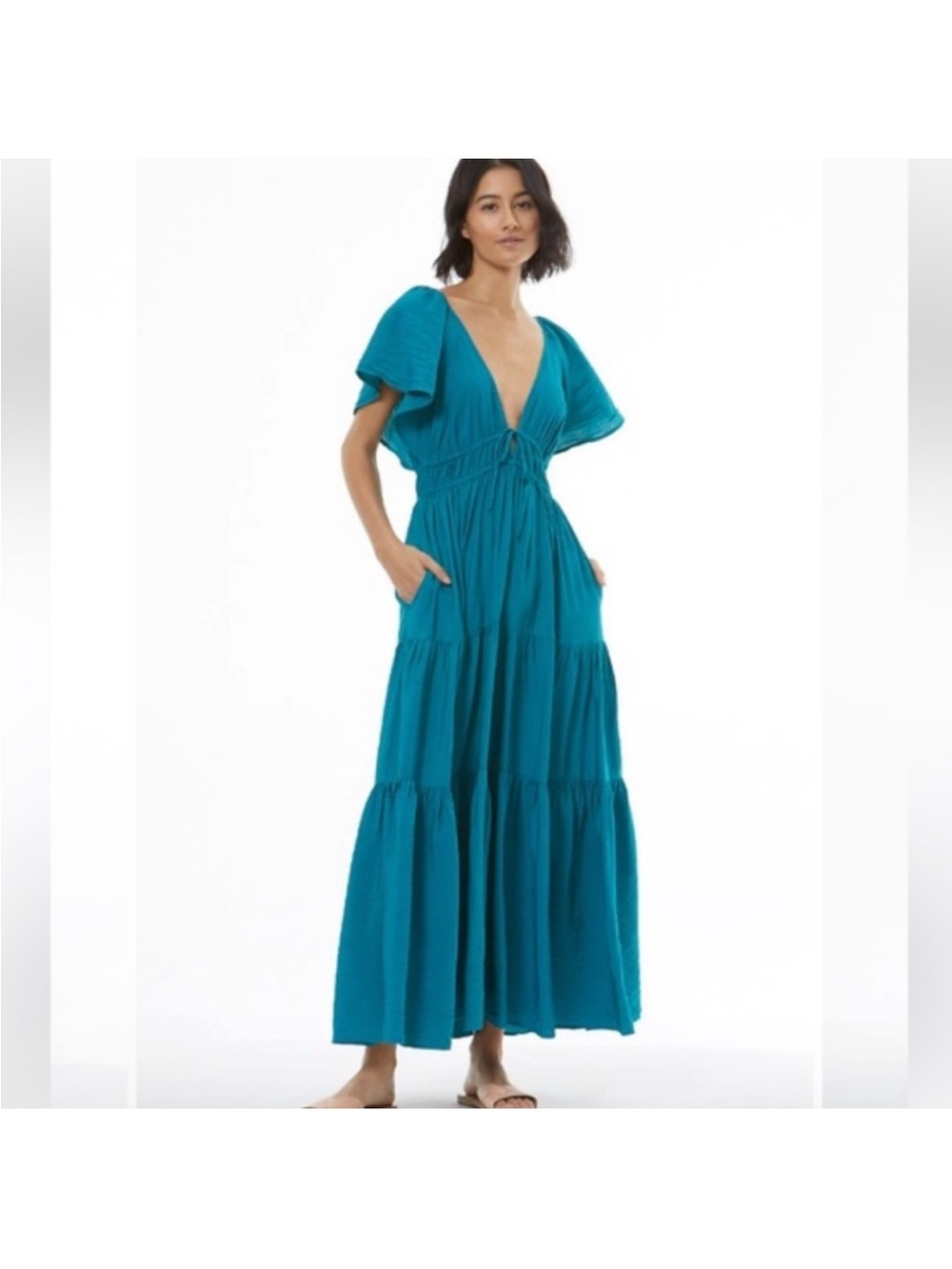 NWOT Young Fabulous & Broke Teal Bohemian V-Neck Tiered Maxi Size S